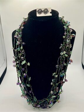 Multi-Strand Green & Purple Beaded Necklace with Matching Earrings